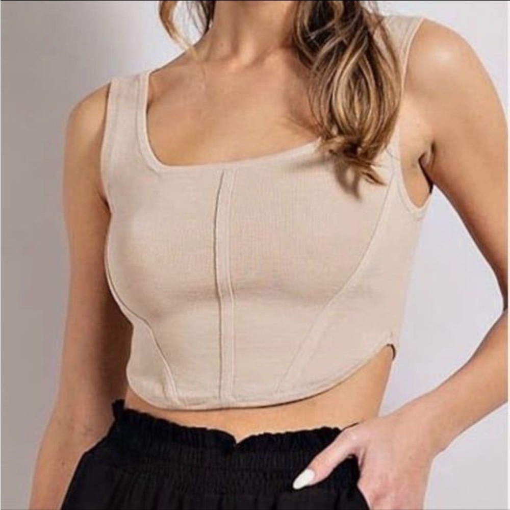 House of Harlow Revolve Sculpt Knit Corset Tank Top Khaki Tan Neck